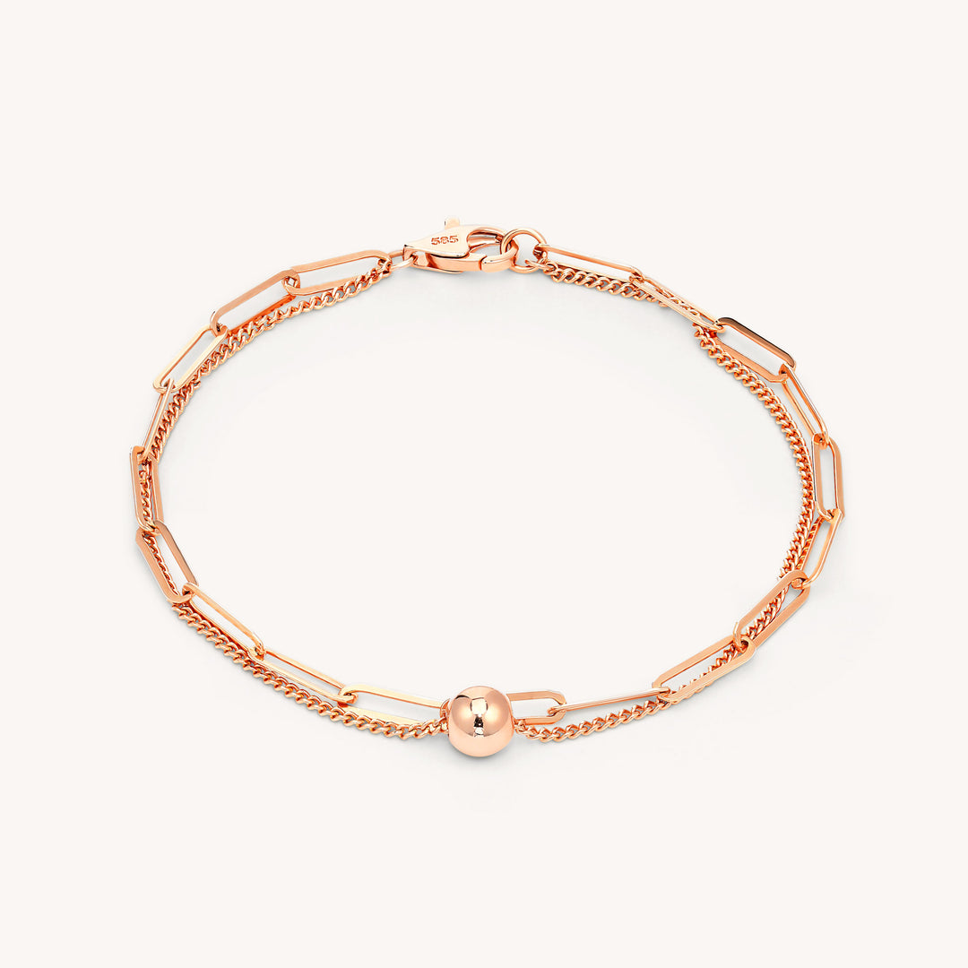 Double Chain Bracelet – Paperclip & Flat Rolo Chain with Ball Bead Charm