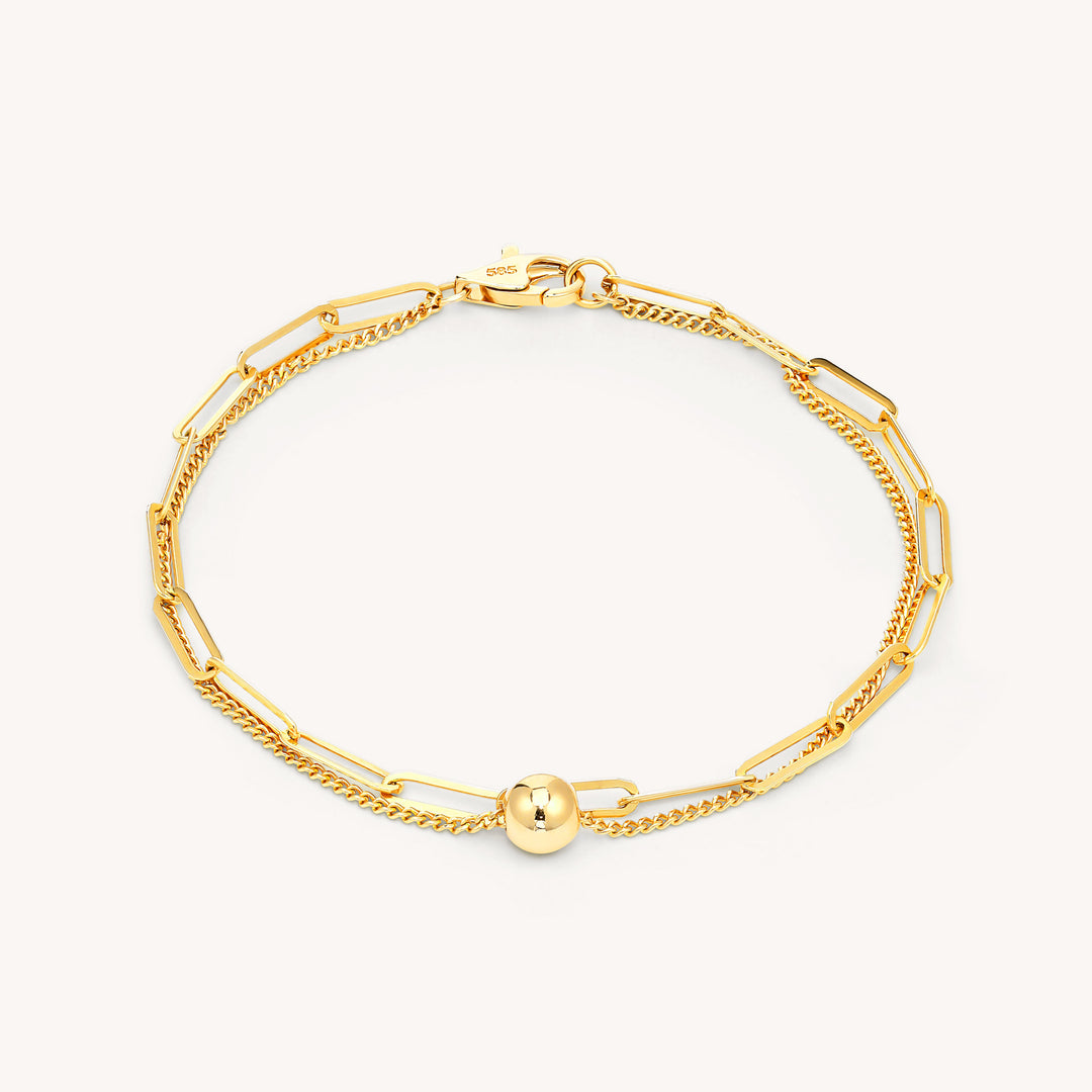 Double Chain Bracelet – Paperclip & Flat Rolo Chain with Ball Bead Charm