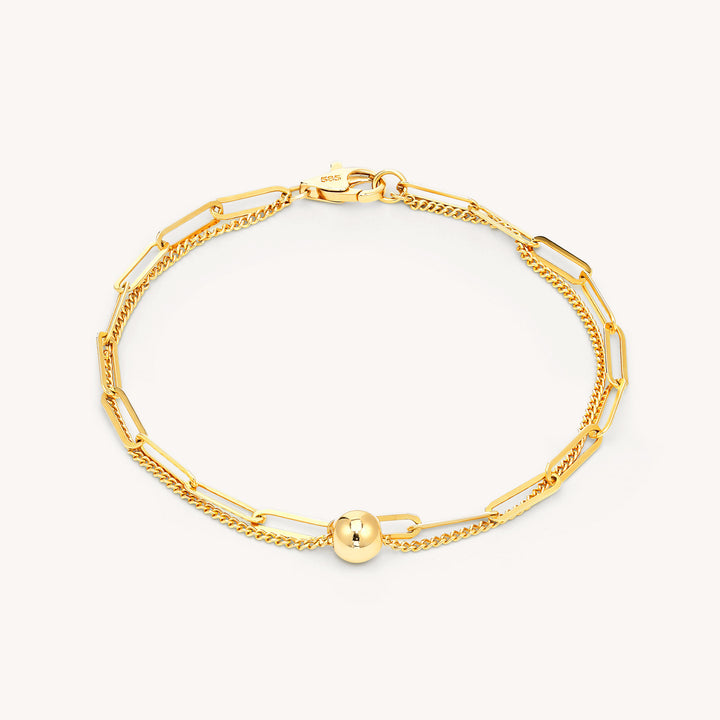 Double Chain Bracelet – Paperclip & Flat Rolo Chain with Ball Bead Charm