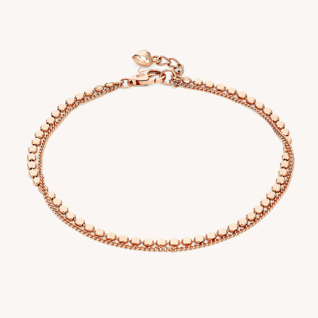 Flat Beads & Chain Double 14K Solid Gold Bracelet