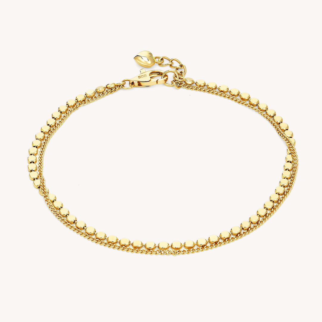 Flat Beads & Chain Double 14K Solid Gold Bracelet