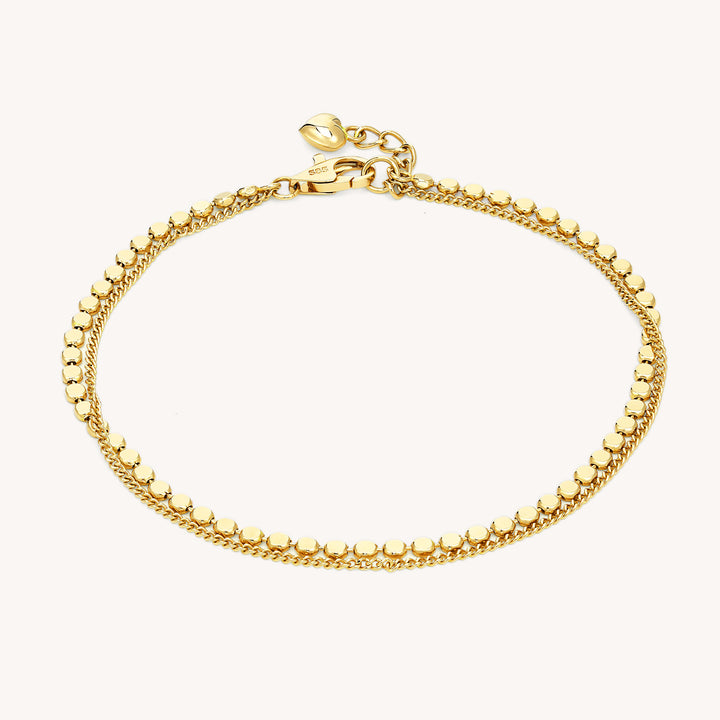 Flat Beads & Chain Double 14K Solid Gold Bracelet