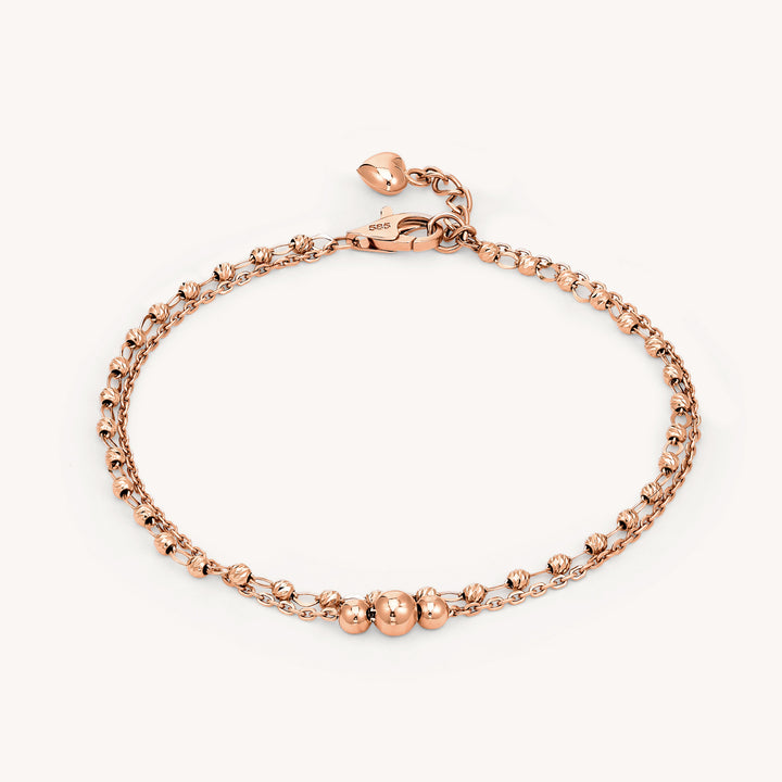 Dual Chain Bracelet with Triple Bold Bead Accent – Rolo Chain & Rain-cut Beads Bracelet in 14K Solid Gold (Optional Heart Charm)