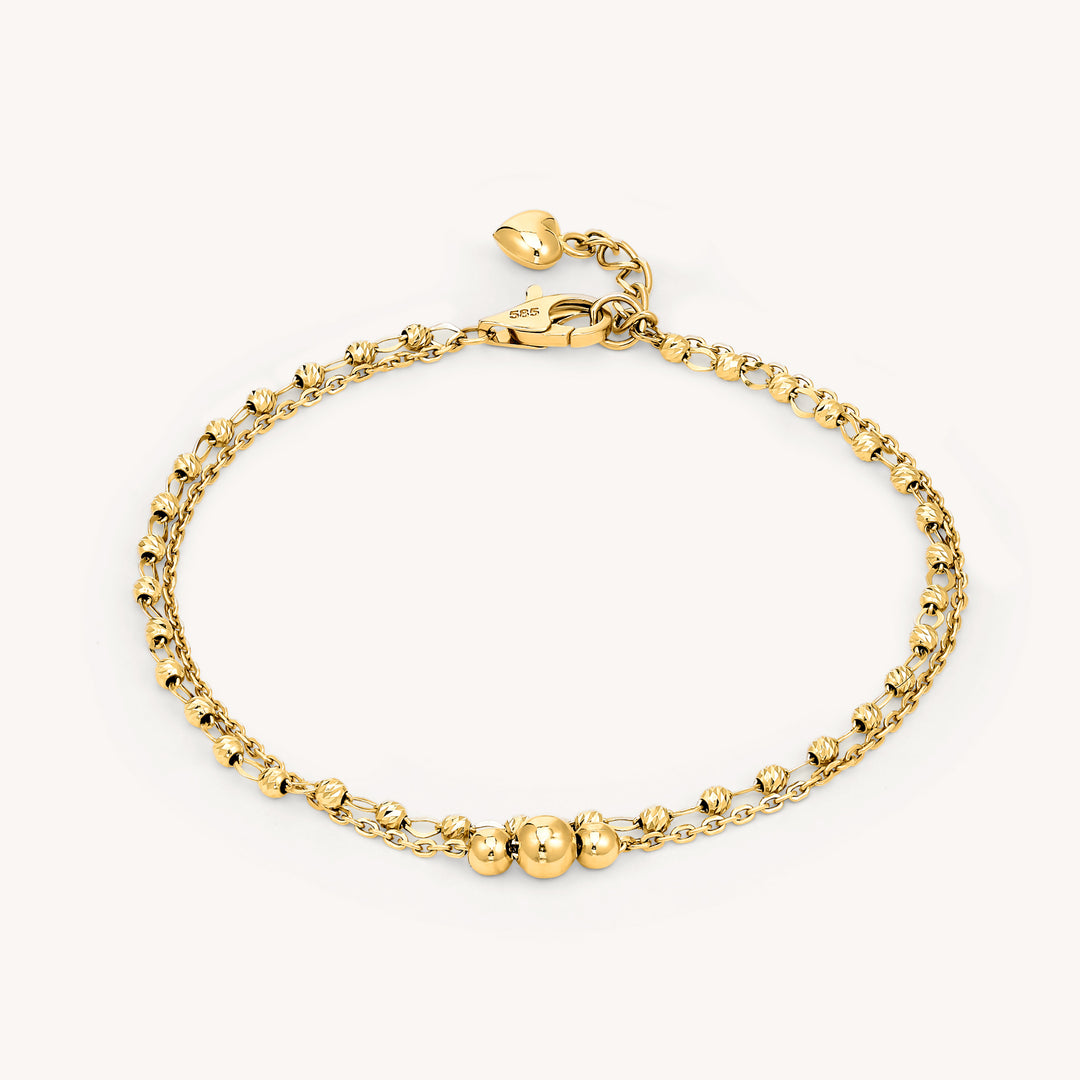 Dual Chain Bracelet with Triple Bold Bead Accent – Rolo Chain & Rain-cut Beads Bracelet in 14K Solid Gold (Optional Heart Charm)