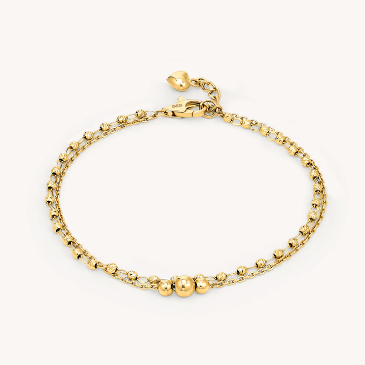 Dual Chain Bracelet with Triple Bold Bead Accent – Rolo Chain & Rain-cut Beads Bracelet in 14K Solid Gold (Optional Heart Charm)