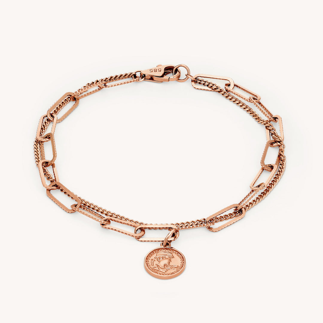 Double Chain Coin Charm Bracelet – Paperclip & Rolo Flat Chain in 14K Gold