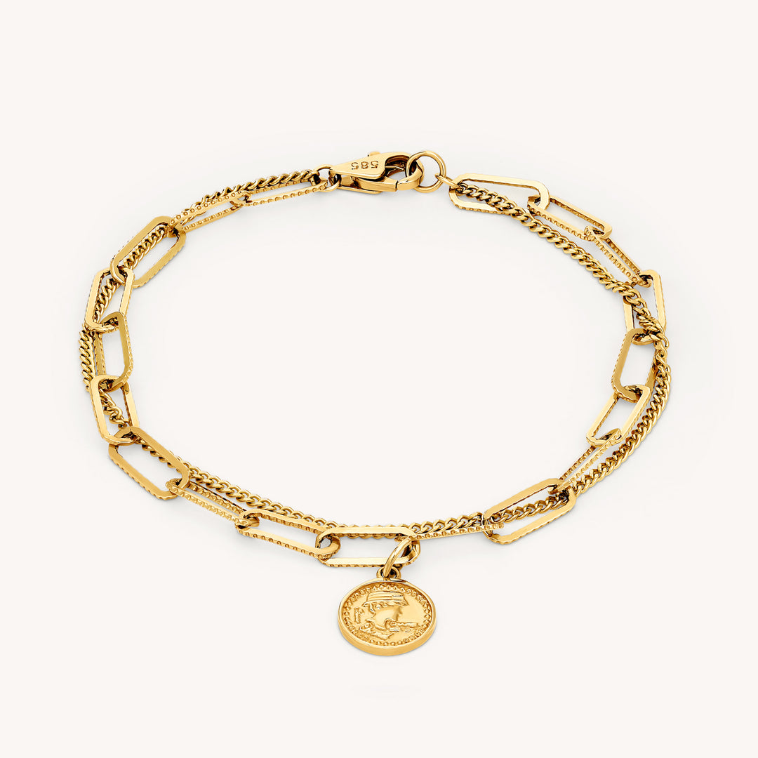 Double Chain Coin Charm Bracelet – Paperclip & Rolo Flat Chain in 14K Gold