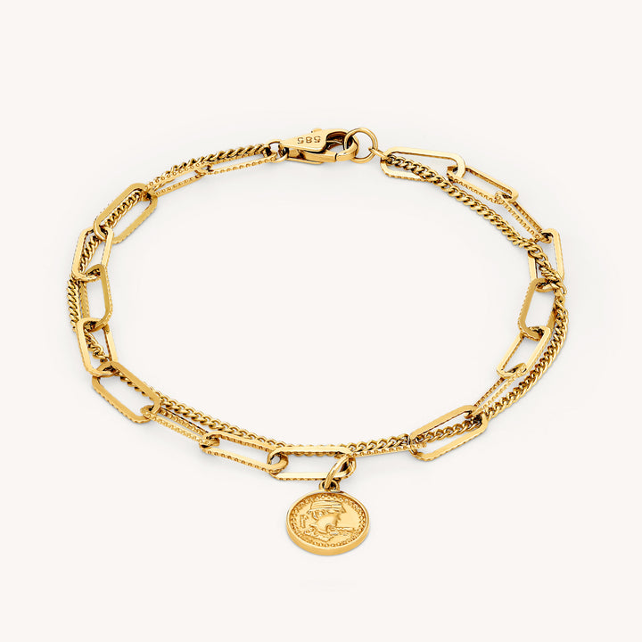 Double Chain Coin Charm Bracelet – Paperclip & Rolo Flat Chain in 14K Gold