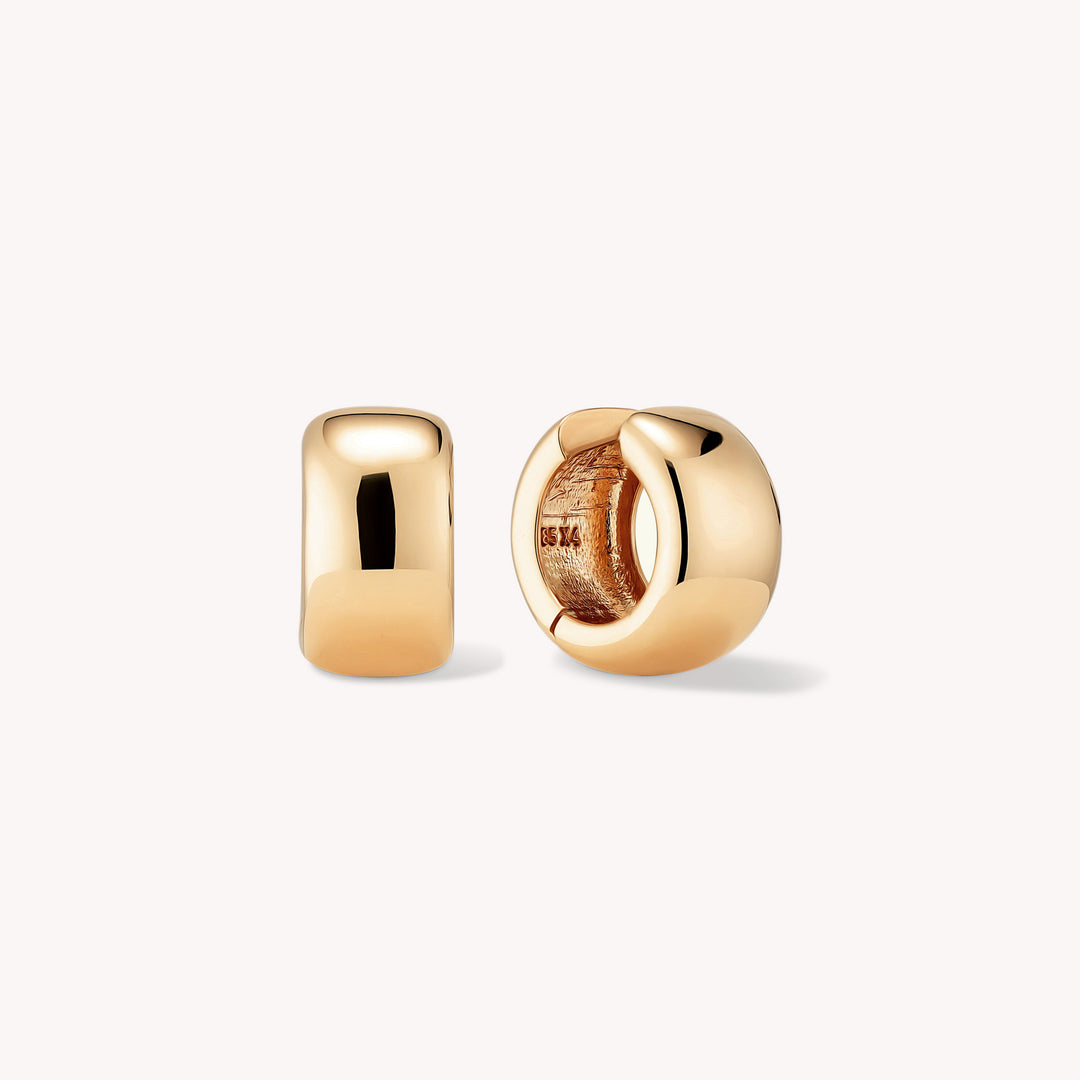 Domed Huggie Thick Chunky Hoop Earrings in 14K Solid Gold Large