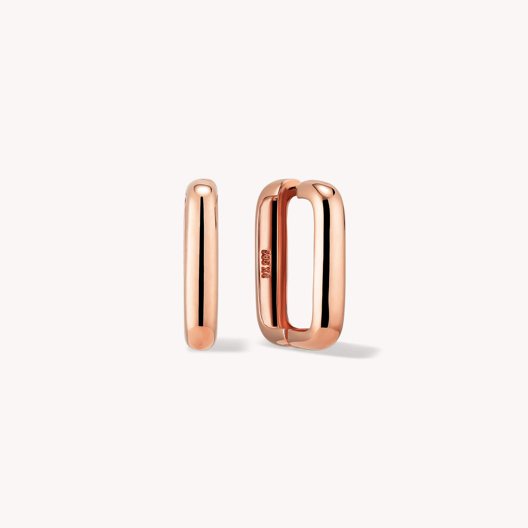 Rounded Rectangular Chunky U-Shaped Hoop Earrings Small (15mm) – 14K Solid Gold Thick Paperclip Hoops