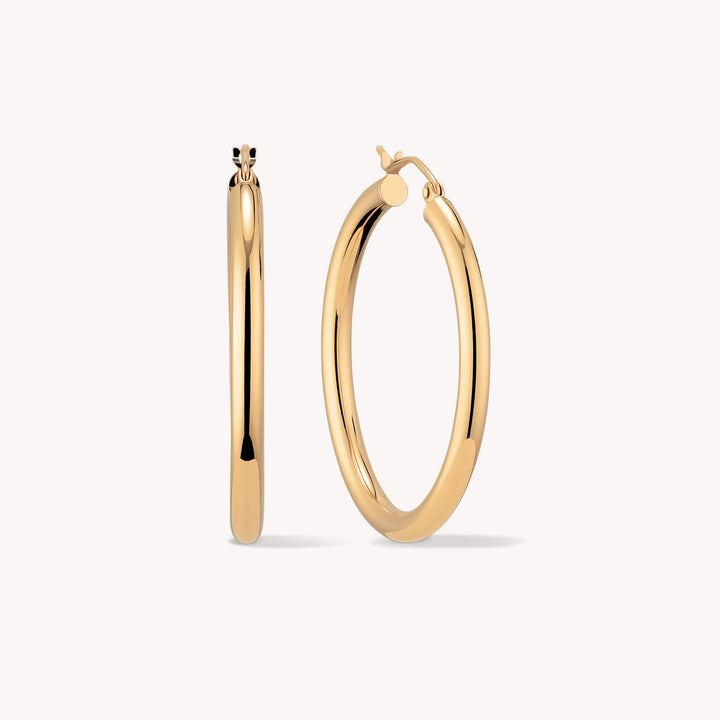 Tubular Gold Hoop Earrings – 14K Solid Gold 22mm Tube Hoops (Pair)