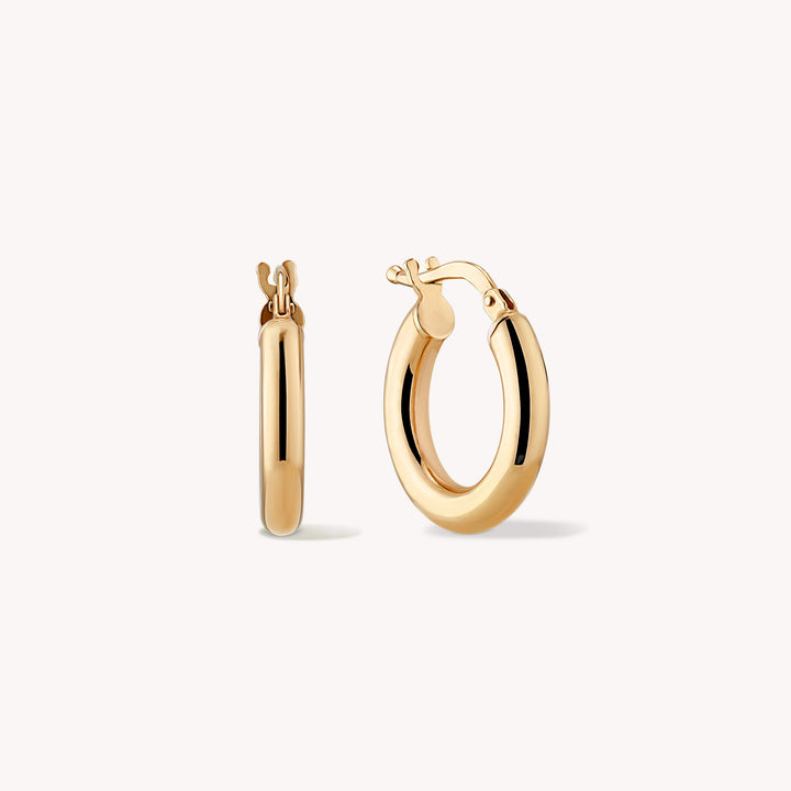 Tubular Gold Hoop Earrings – 14K Solid Gold 15mm Tube Hoops (Pair)