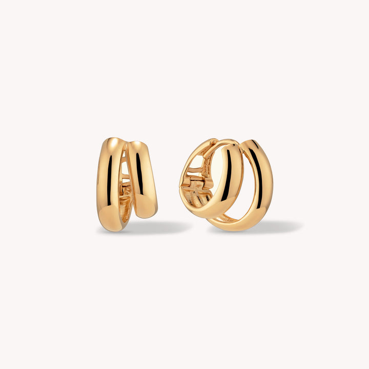 Double Arc Huggie Earrings – 14K Solid Gold Dual Hoop Illusion