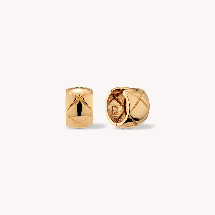 Quilted Huggie Hoop Earrings Large – 14K Gold Hoop Earrings with Statement Quilt Pattern