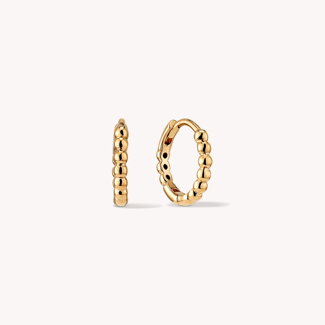 Beaded Hoop Earrings Medium 13mm – Simple 14K Solid Gold Ball Huggies (Single or Pair)