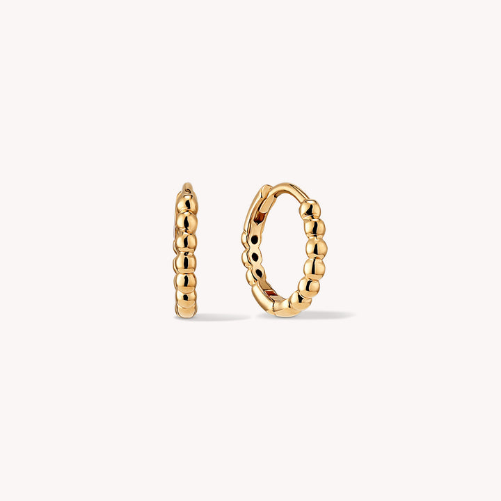 Beaded Hoop Earrings Medium 13mm – Simple 14K Solid Gold Ball Huggies (Single or Pair)