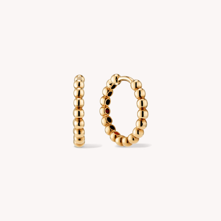Beaded Hoop Earrings Large 14.5mm – Simple 14K Solid Gold Ball Huggies (Single or Pair)