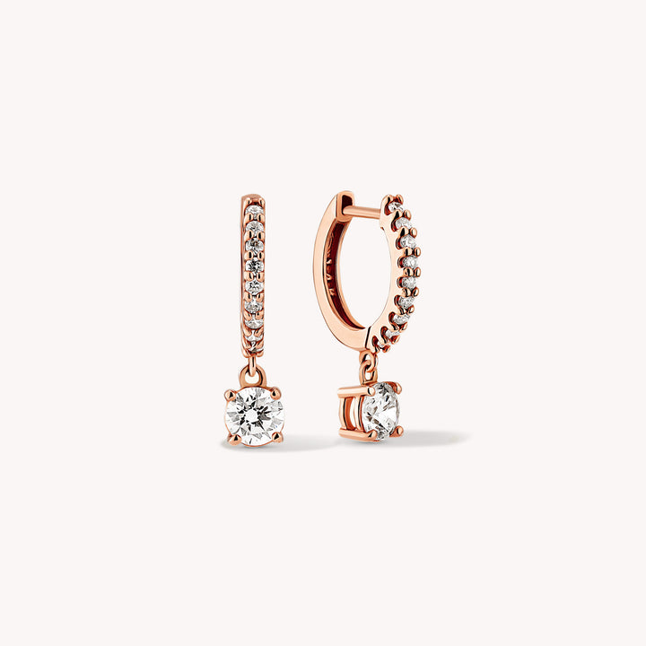 Dangling Drop Diamond Huggie Hoop Earrings – 11mm Diamond Hoops with Dangle Charm, Single or Pair