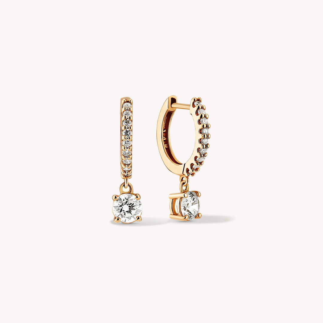 Dangling Drop Diamond Huggie Hoop Earrings – 11mm Diamond Hoops with Dangle Charm, Single or Pair