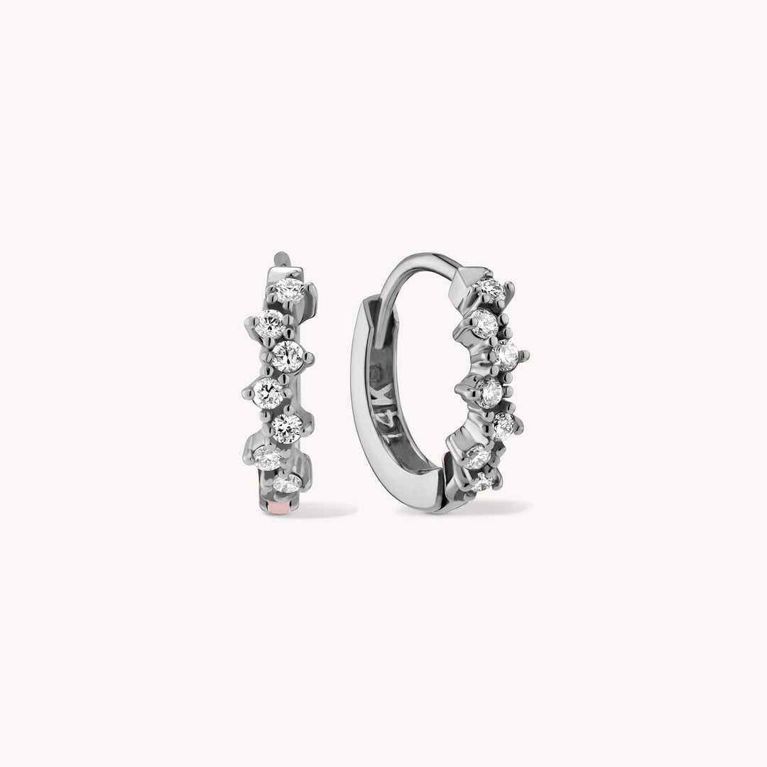 Diamond Cluster Huggie Hoop 13mm Earrings – 14K Gold Huggies, Single or Pair