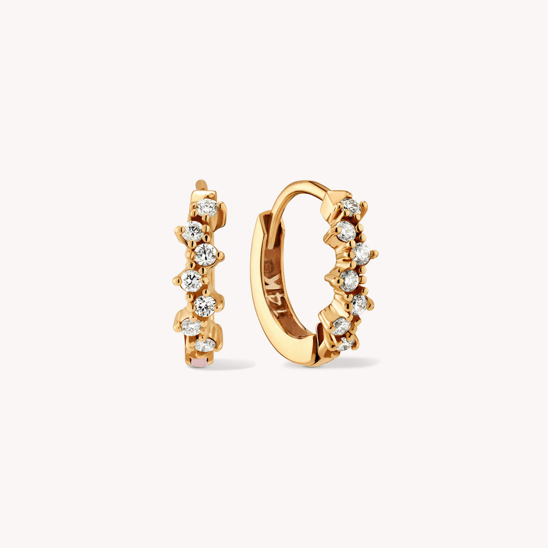 Diamond Cluster Huggie Hoop 13mm Earrings – 14K Gold Huggies, Single or Pair