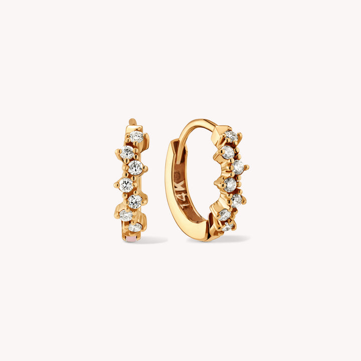 Diamond Cluster Huggie Hoop 13mm Earrings – 14K Gold Huggies, Single or Pair