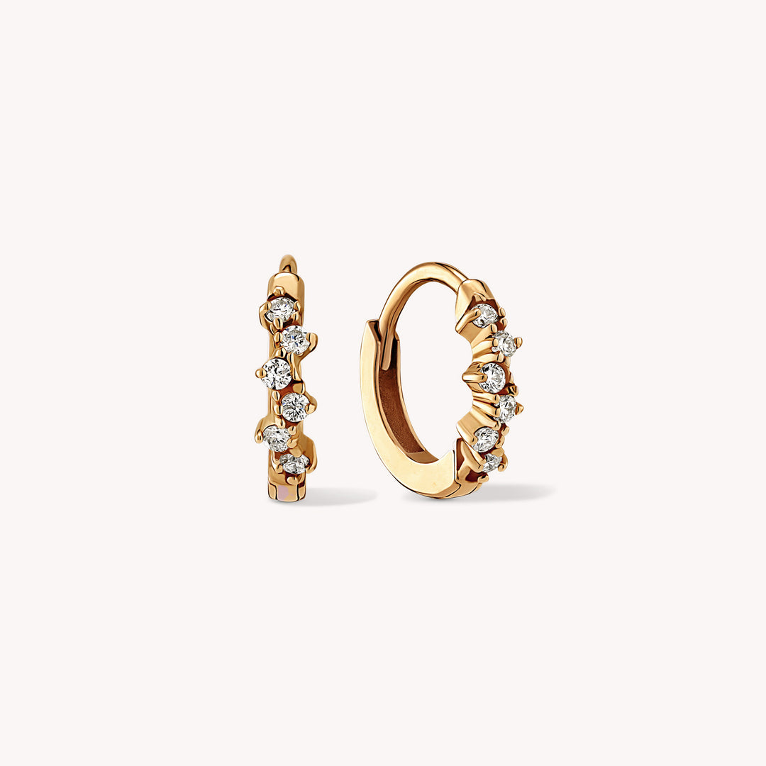 Diamond Cluster Huggie Hoop 10mm Earrings – 14K Gold Huggies, Single or Pair