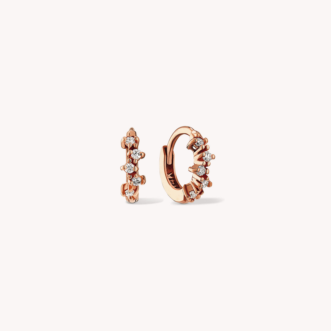 Diamond Cluster Huggie Hoop 9mm Earrings – 14K Gold Huggies, Single or Pair