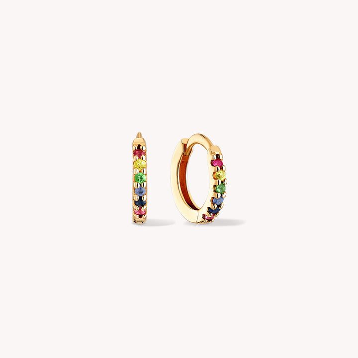 Rainbow Sapphire Huggie Earrings – Multi-Colored Gemstone Hoops in 14K Gold 9mm (Single or Pair)