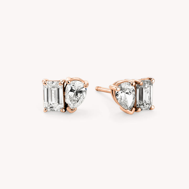Toi et Moi Emerald and Pear Cut Lab Diamond Studs Earrings in 14K Solid Gold