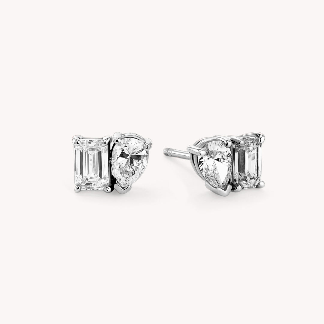 Toi et Moi Emerald and Pear Cut Lab Diamond Studs Earrings in 14K Solid Gold
