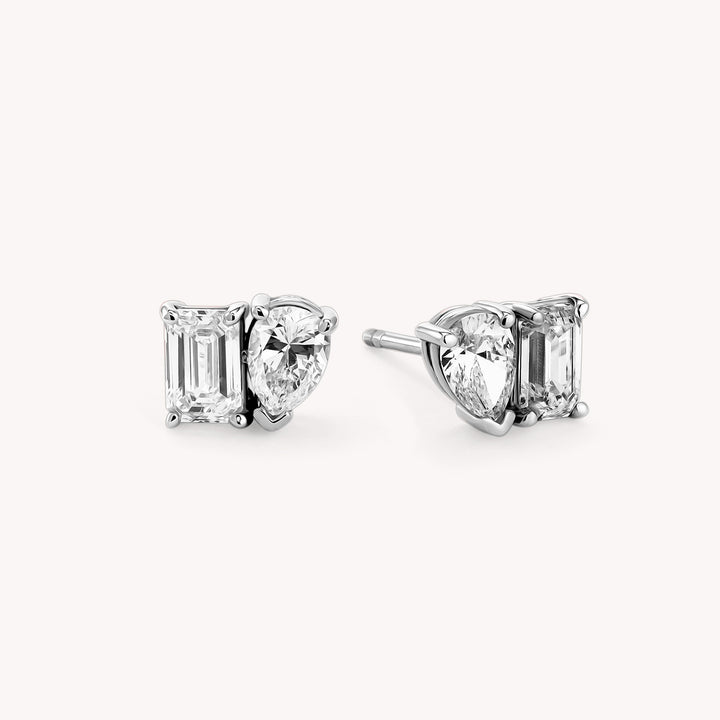 Toi et Moi Emerald and Pear Cut Lab Diamond Studs Earrings in 14K Solid Gold