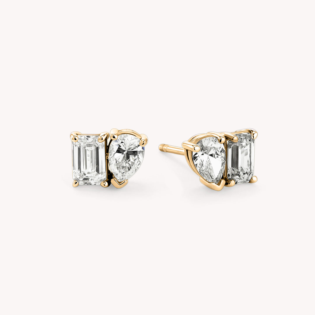 Toi et Moi Emerald and Pear Cut Lab Diamond Studs Earrings in 14K Solid Gold