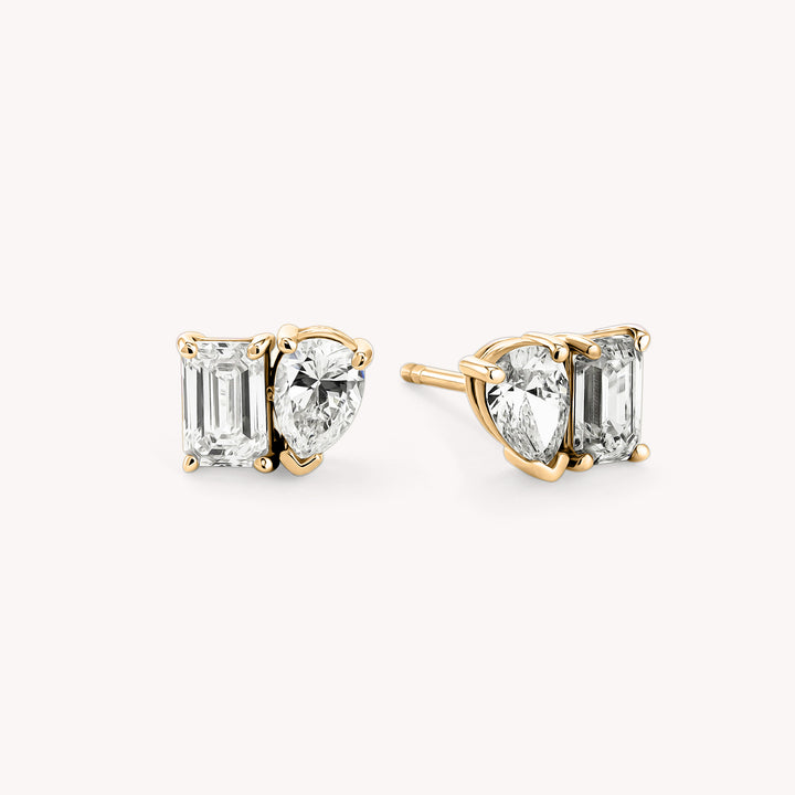 Toi et Moi Emerald and Pear Cut Lab Diamond Studs Earrings in 14K Solid Gold