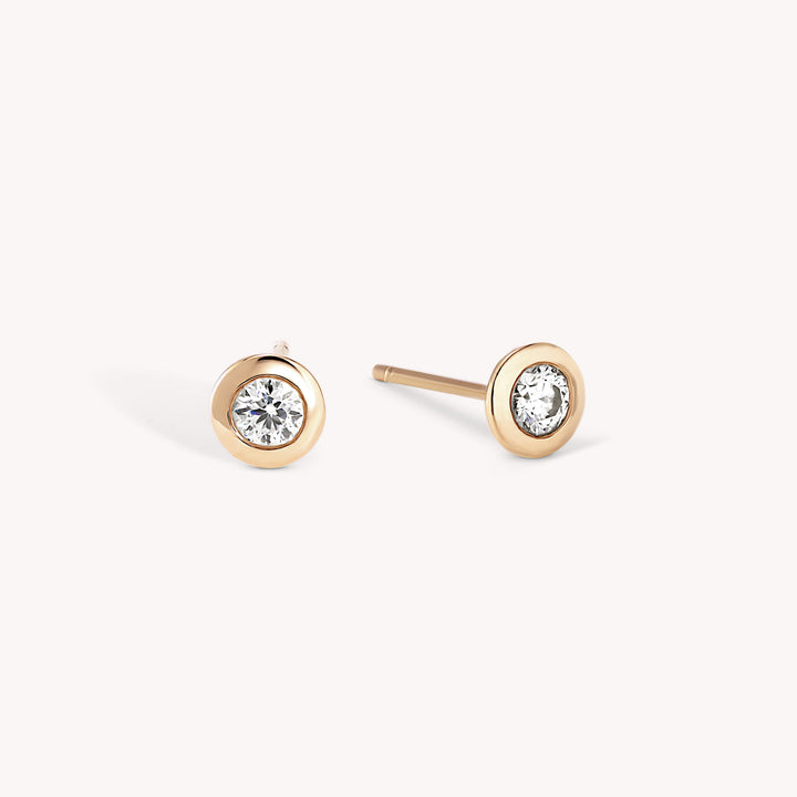 Bezel Lab Diamond 14K Solid Gold Stud Earrings  - Single or Pair