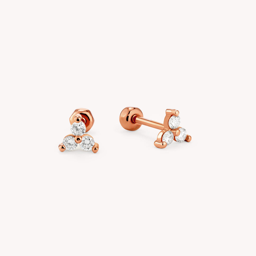 3-Diamond Shared Prong Triangle 14K Solid Gold Stud Earrings – Single or Pair