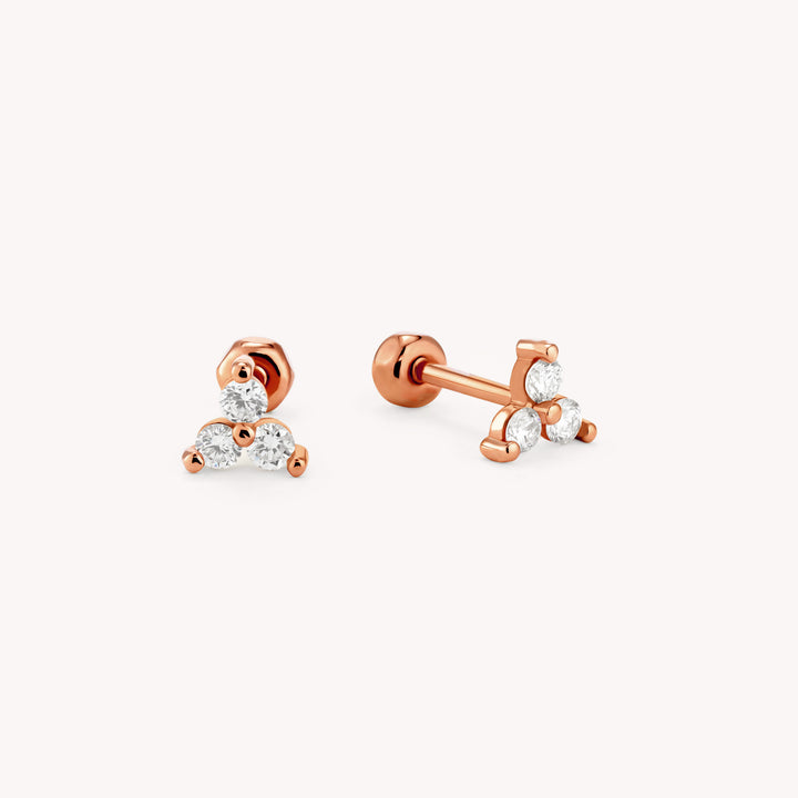 3-Diamond Shared Prong Triangle 14K Solid Gold Stud Earrings – Single or Pair