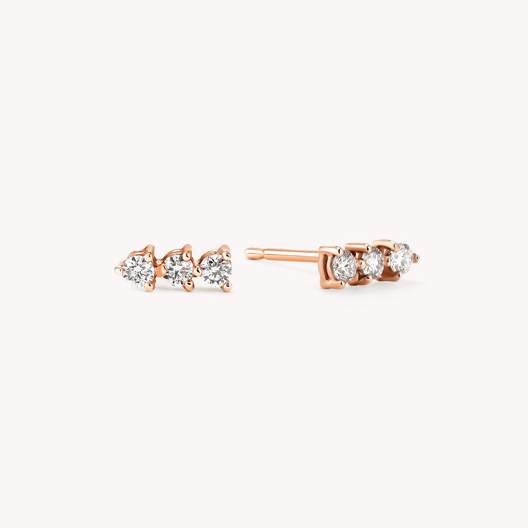 Diamond Trio Stud Earrings – Minimalist Triple Diamond Bar Studs (Single or Pair)
