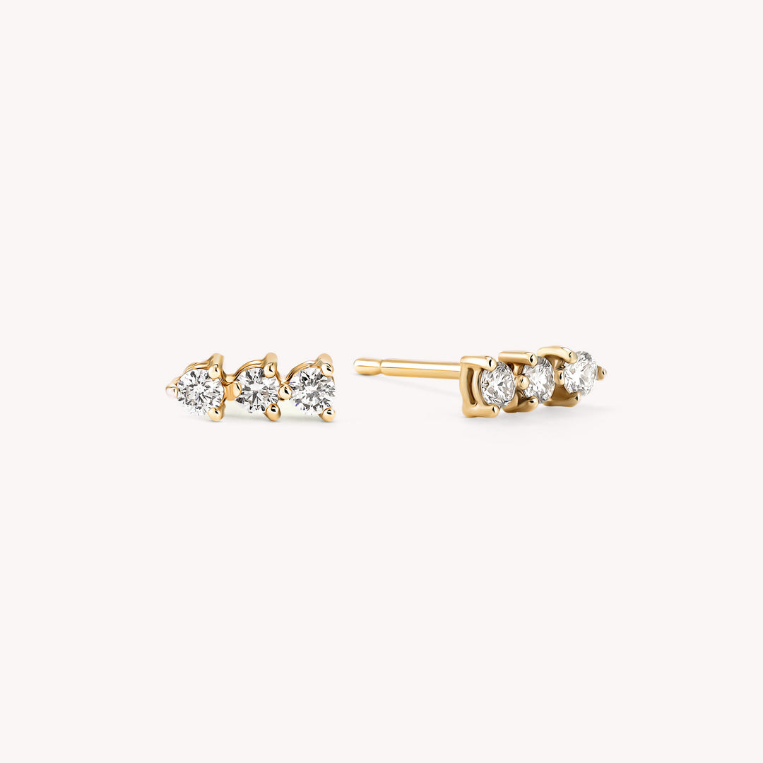 Diamond Trio Stud Earrings – Minimalist Triple Diamond Bar Studs (Single or Pair)