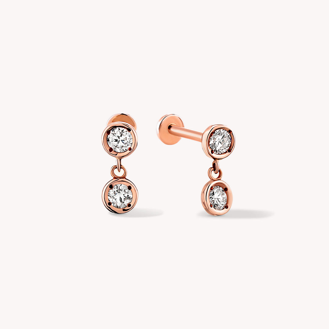 Bezel-Set Diamond Dangle Stud Earrings – 14K Solid Gold Drop Stud (Single or Pair)