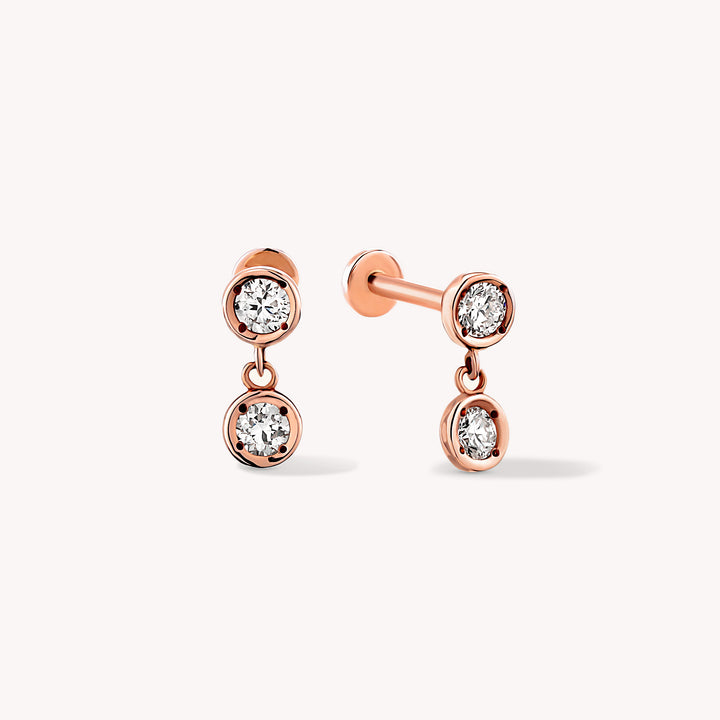Bezel-Set Diamond Dangle Stud Earrings – 14K Solid Gold Drop Stud (Single or Pair)