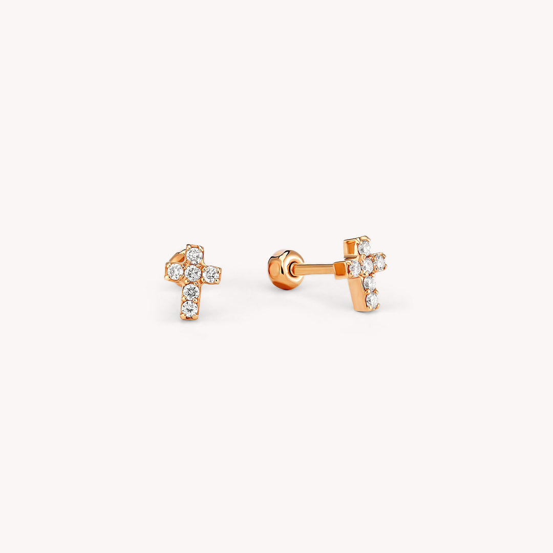 Tiny Diamond Cross Stud Earrings – 14K Solid Gold Faith Earrings