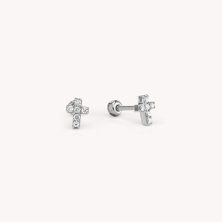 Tiny Diamond Cross Stud Earrings – 14K Solid Gold Faith Earrings