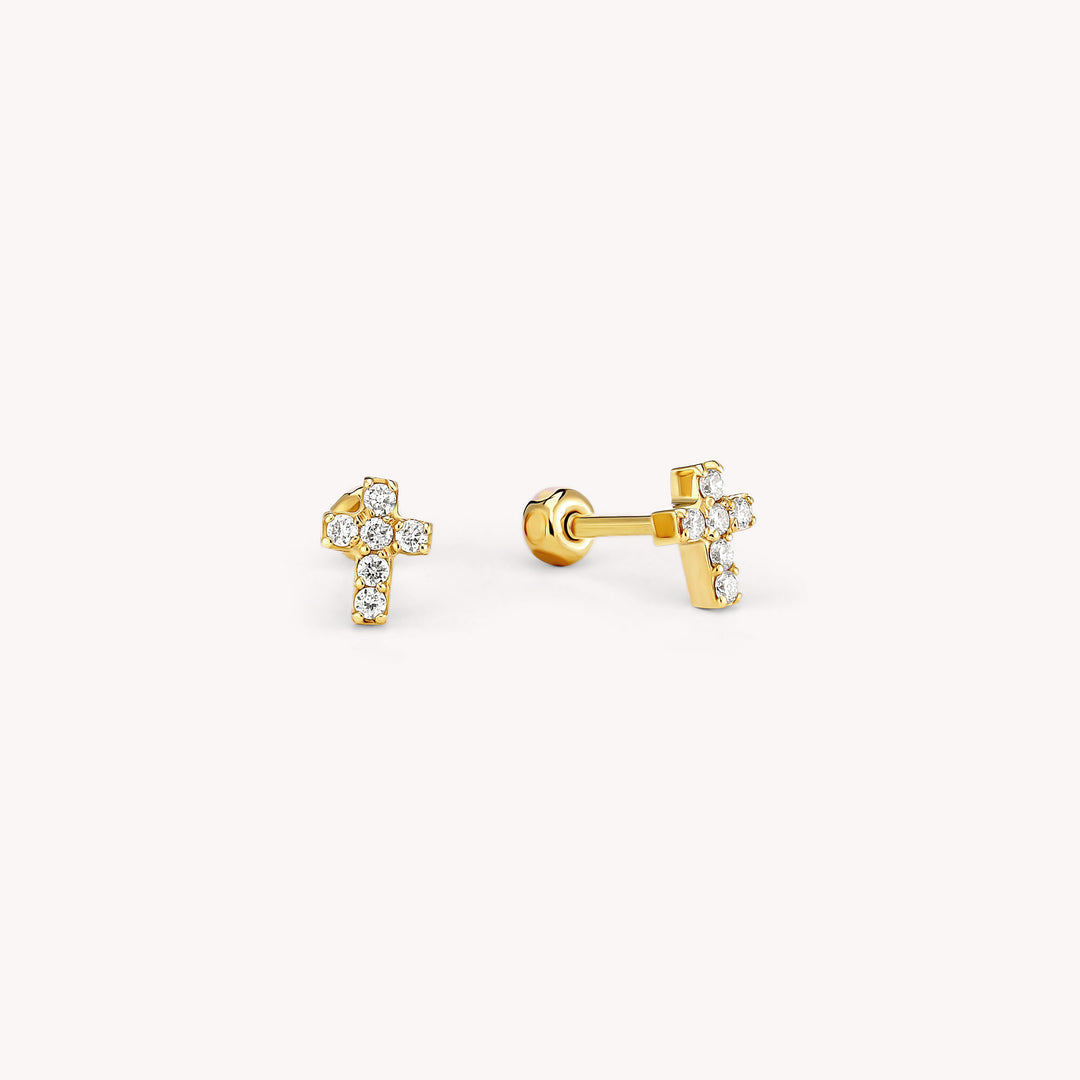 Tiny Diamond Cross Stud Earrings – 14K Solid Gold Faith Earrings