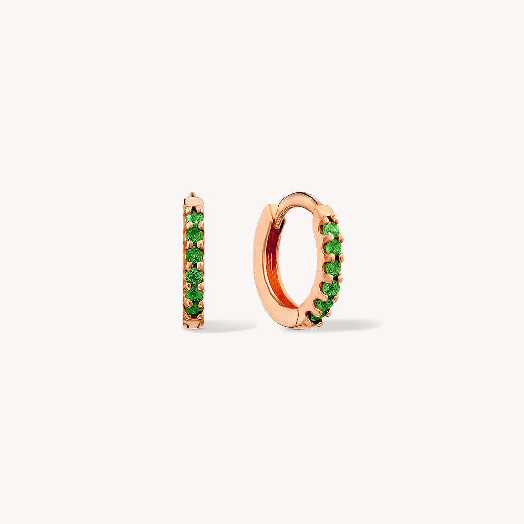 Emerald Enchantment Hoops Earrings in Solid 14K Gold / Green Glow Verdant Pavé Huggies