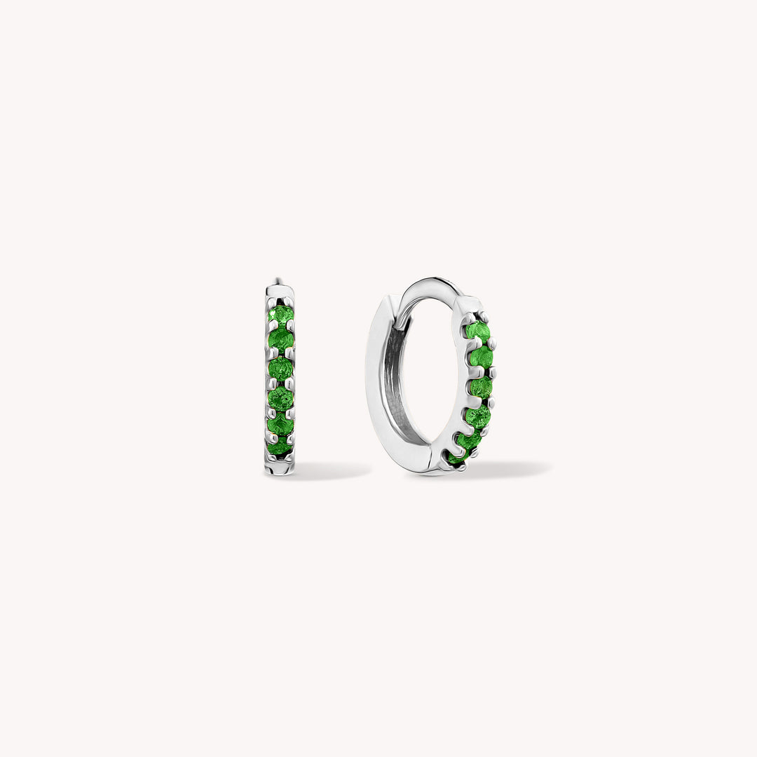 Emerald Enchantment Hoops Earrings in Solid 14K Gold / Green Glow Verdant Pavé Huggies