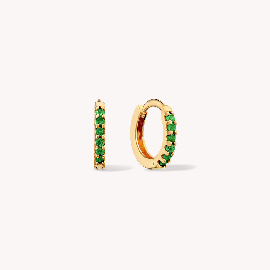 Emerald Enchantment Hoops Earrings in Solid 14K Gold / Green Glow Verdant Pavé Huggies