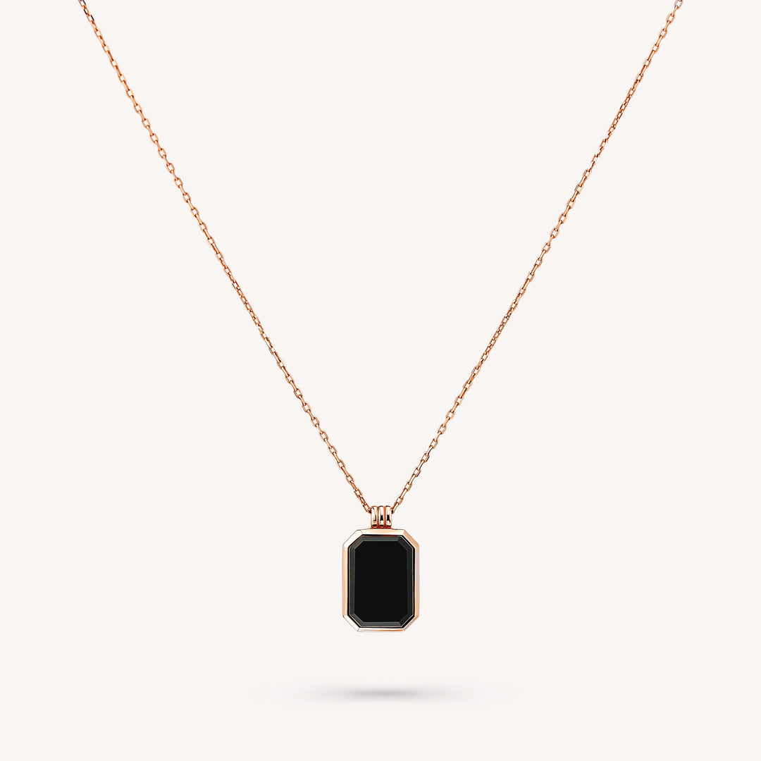 Gold Natural Black Onyx Pendant Necklace - Engravable Back