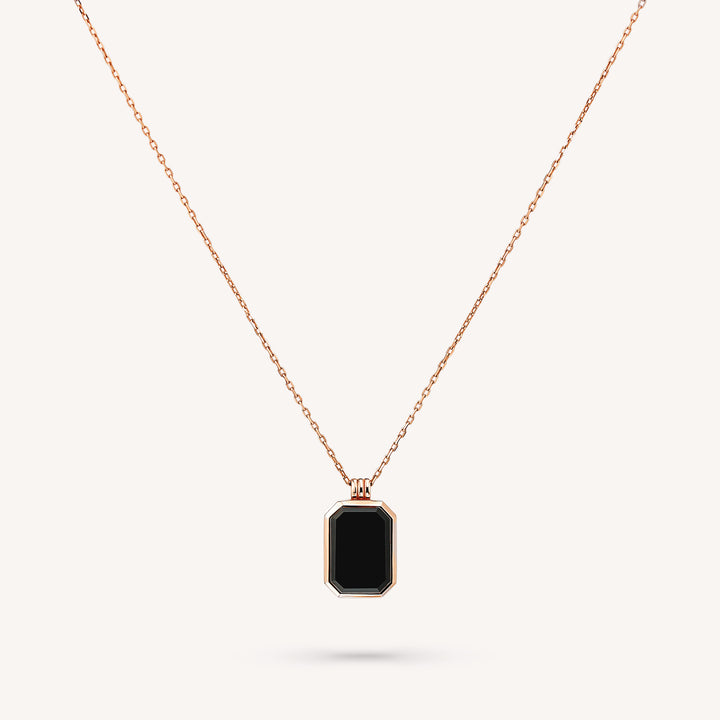 Gold Natural Black Onyx Pendant Necklace - Engravable Back