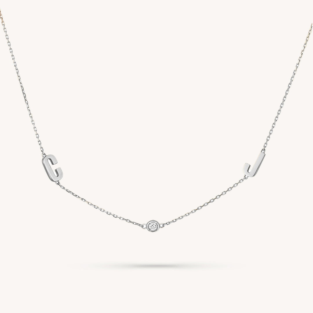 14K Solid Gold Diamond Initial Necklace with Bezel-Set Pendant